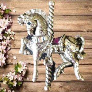Vintage Danecraft Carousel Pony Horse Brooch Lapel Pin Crystal Rhinestone Silver